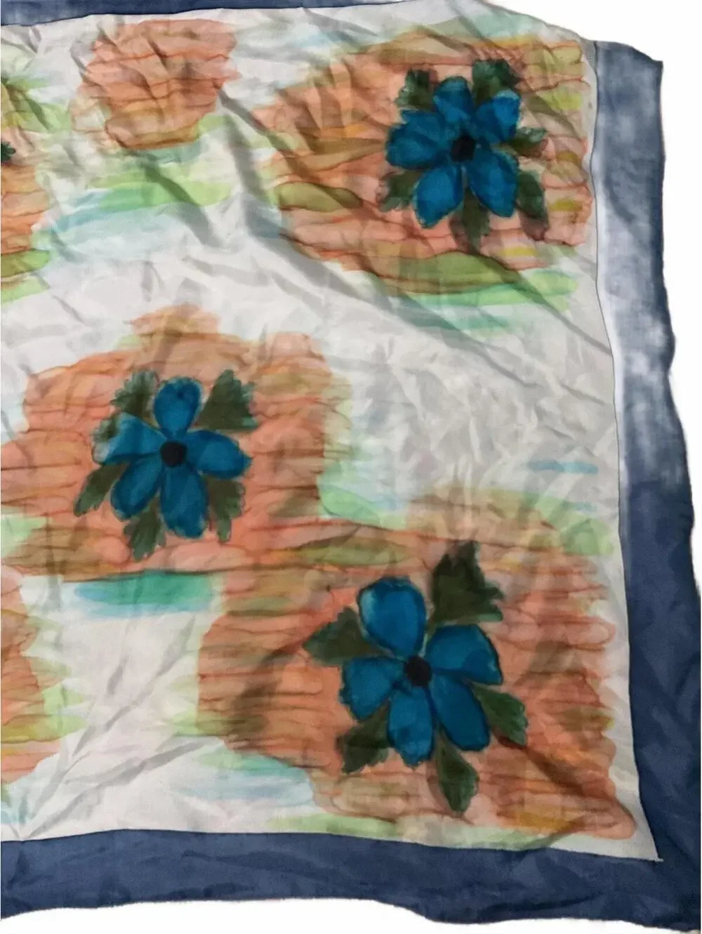 Vintage Blue Floral Silk Scarf with Navy Border Fall
